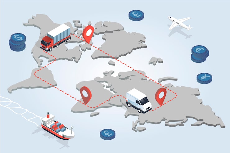 Mapa Europy z zaznaczonymi trasami samochodów ciężarowych i logistyką dostaw drobnicowych